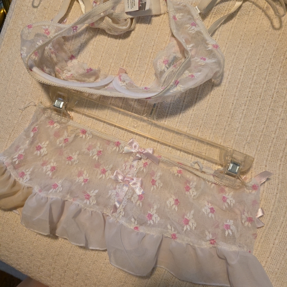 Elegant Moments White With Pink Floral Lace Bralette and Skirt 3 Pc Set